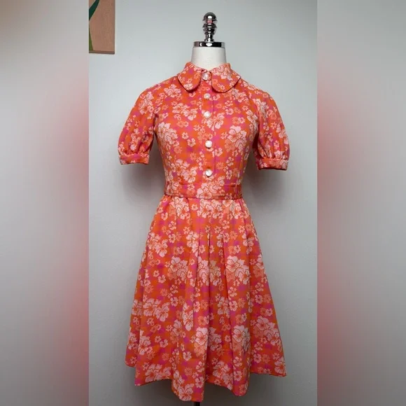 True Vintage 70s Orange Pink White Floral Puff Sleeve Collar Mini Dress Small